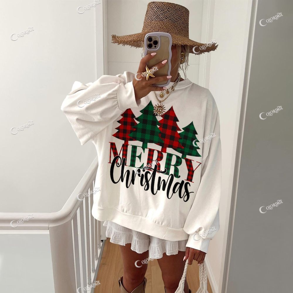 Colordate Women's Merry Christmas Print Casual Crew Neck Sweatshirt