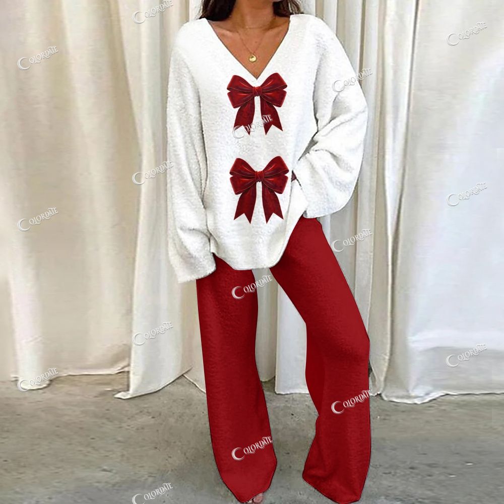 Loungewear Christmas Bow Red Set For Women