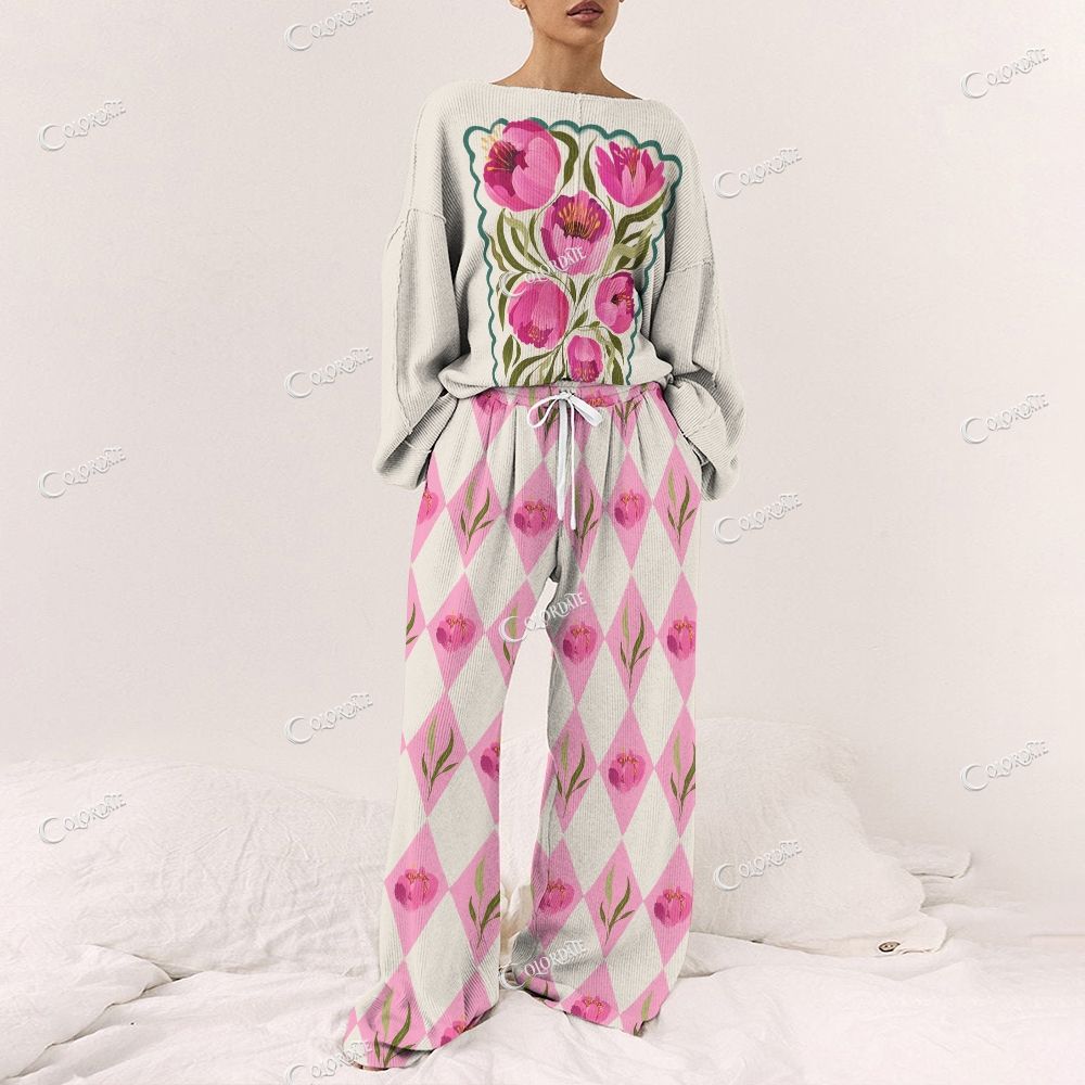 Colordate Women's Flower Print Long Sleeve Pajama Set