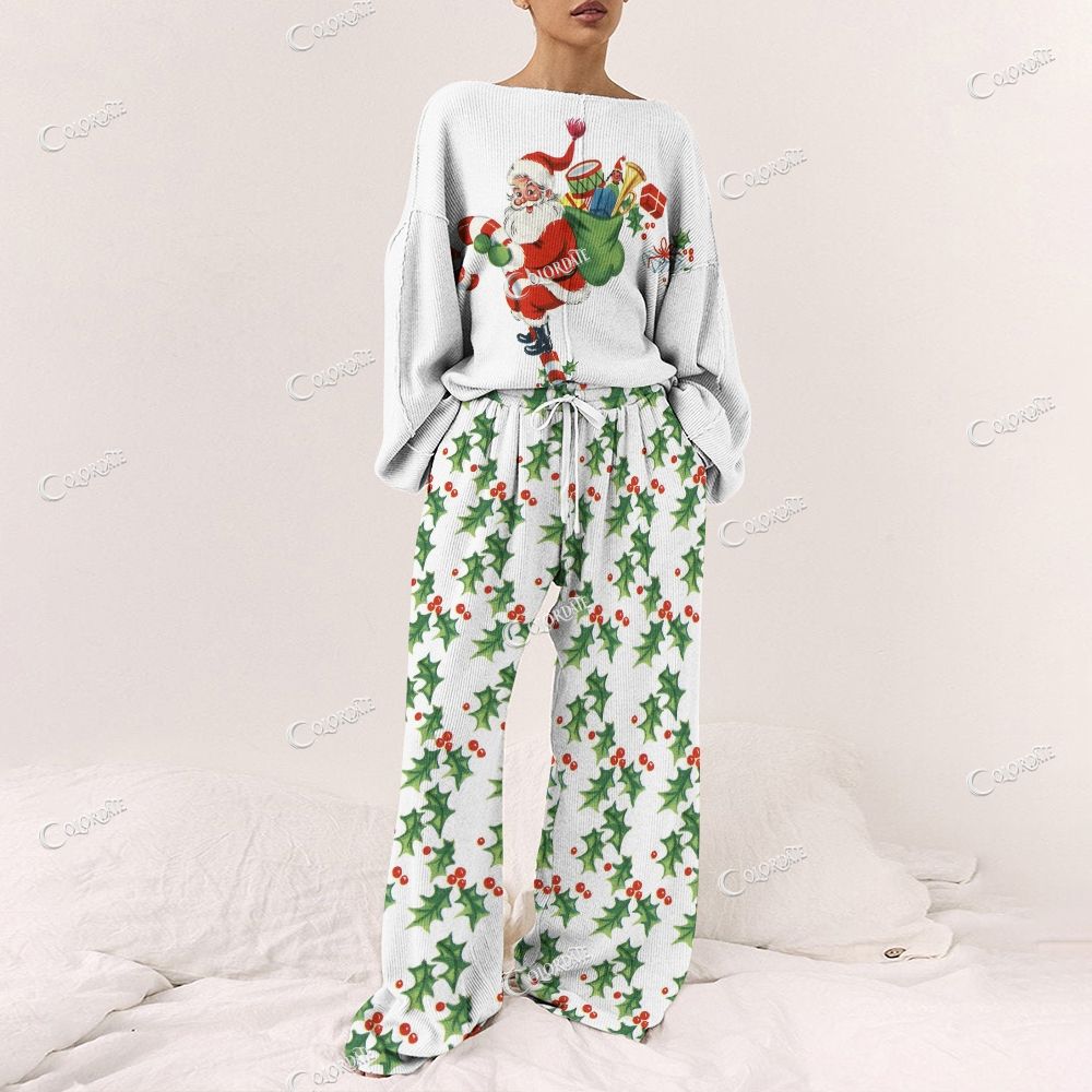Colordate Women's Santa Claus Print Long Sleeve Pajama Set