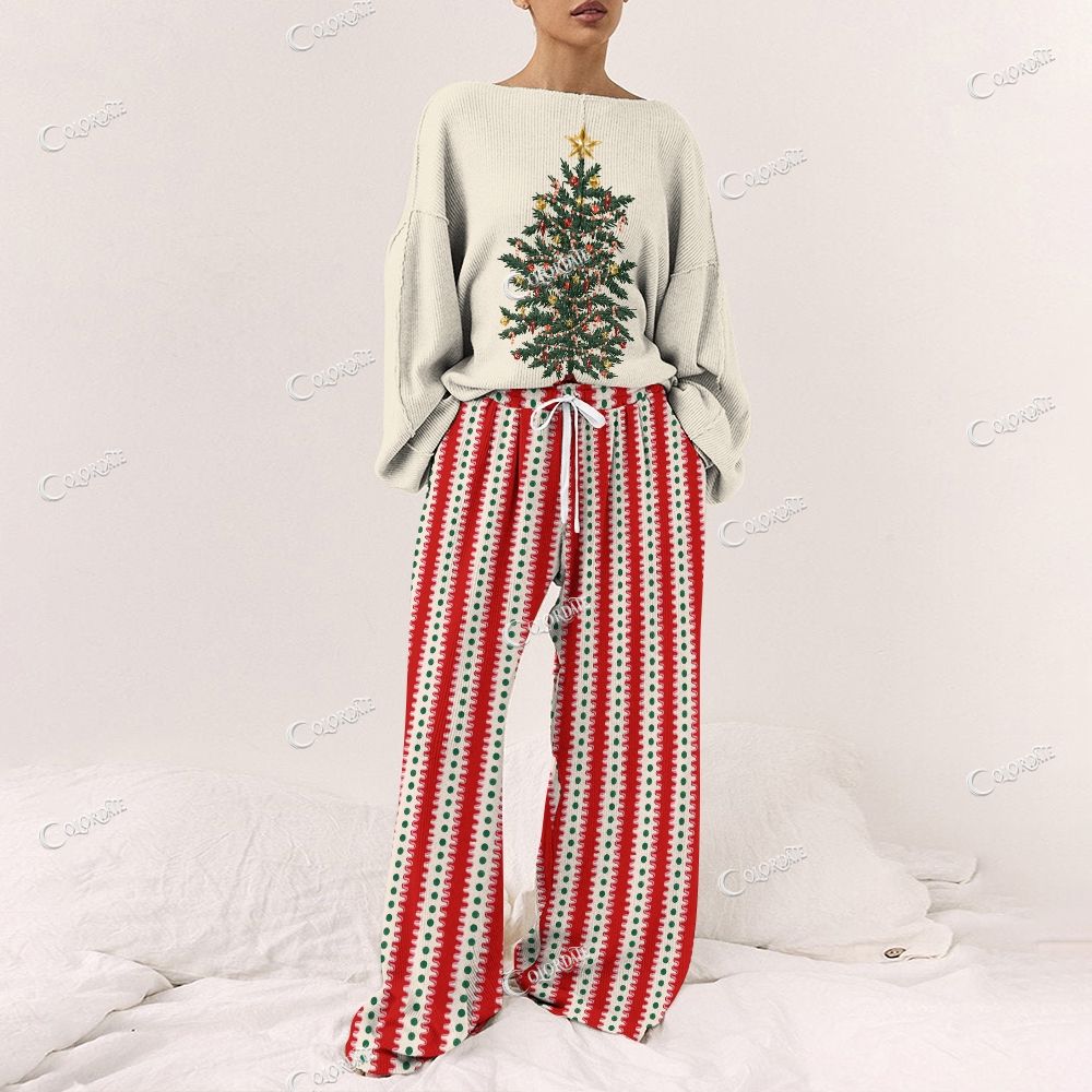Colordate Women's Christmas Tree Print Long Sleeve Pajama Set