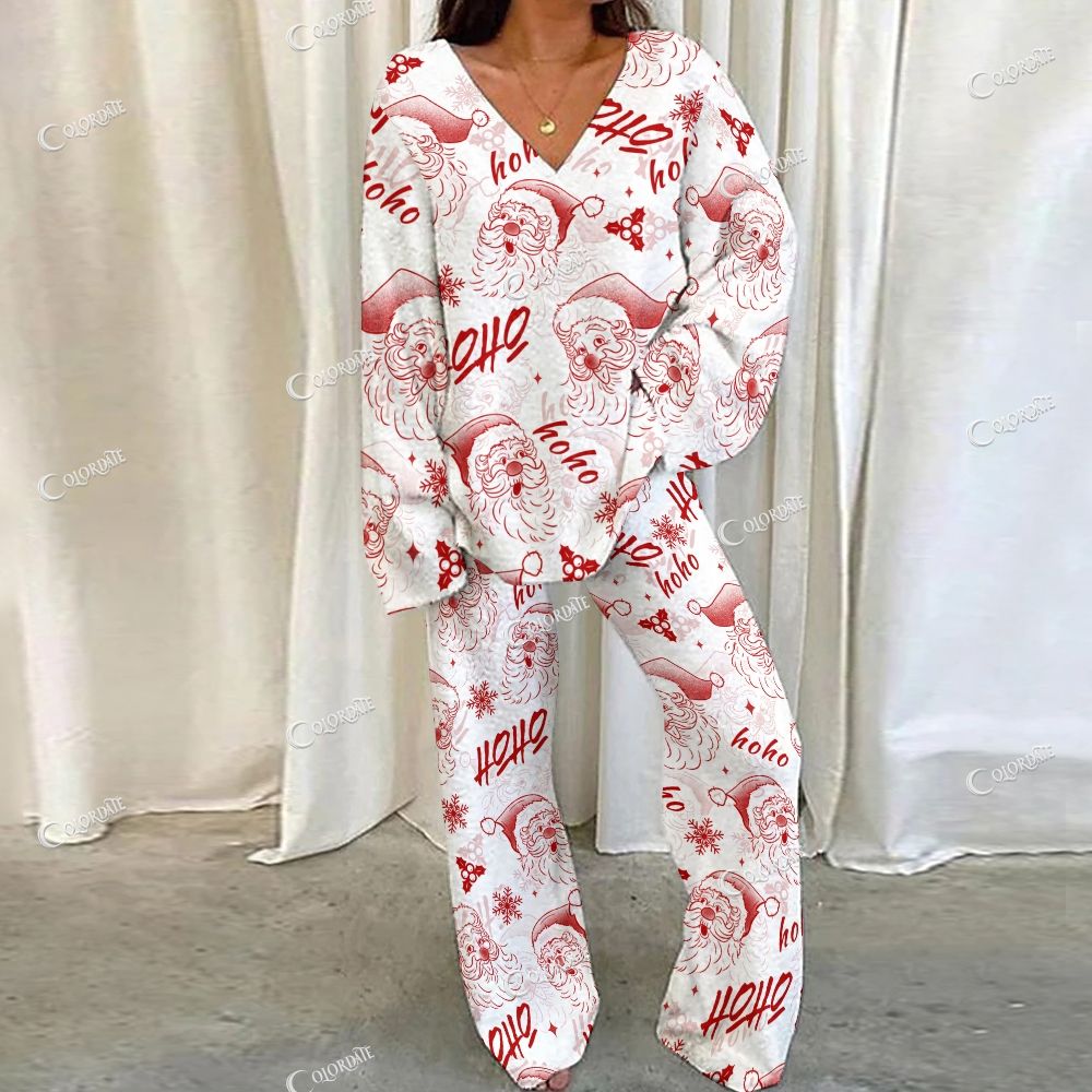 Colordate Santa Claus Print Loungewear Set For Women