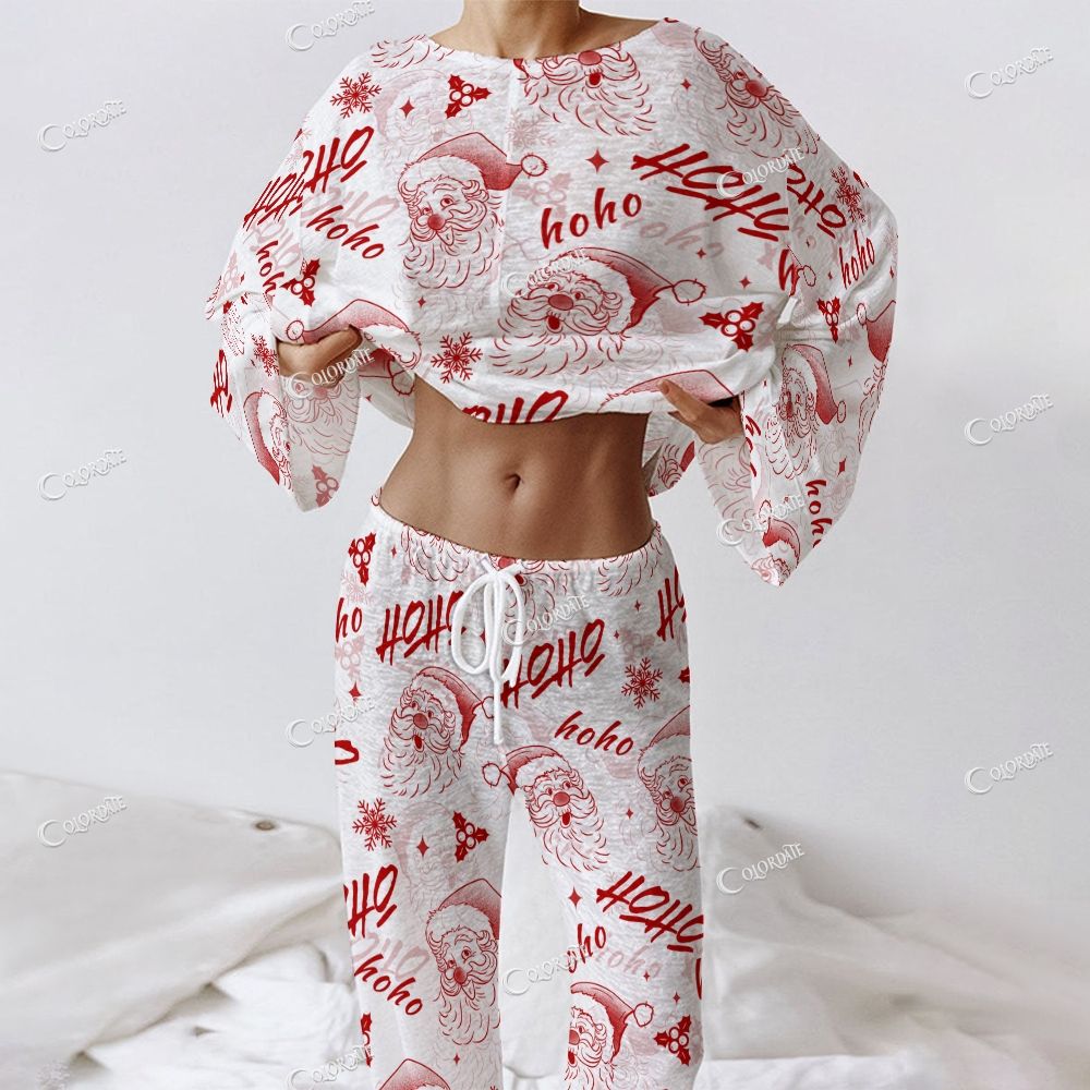 Colordate Women's Santa Claus Print Long Sleeve Cotton Homewear Set