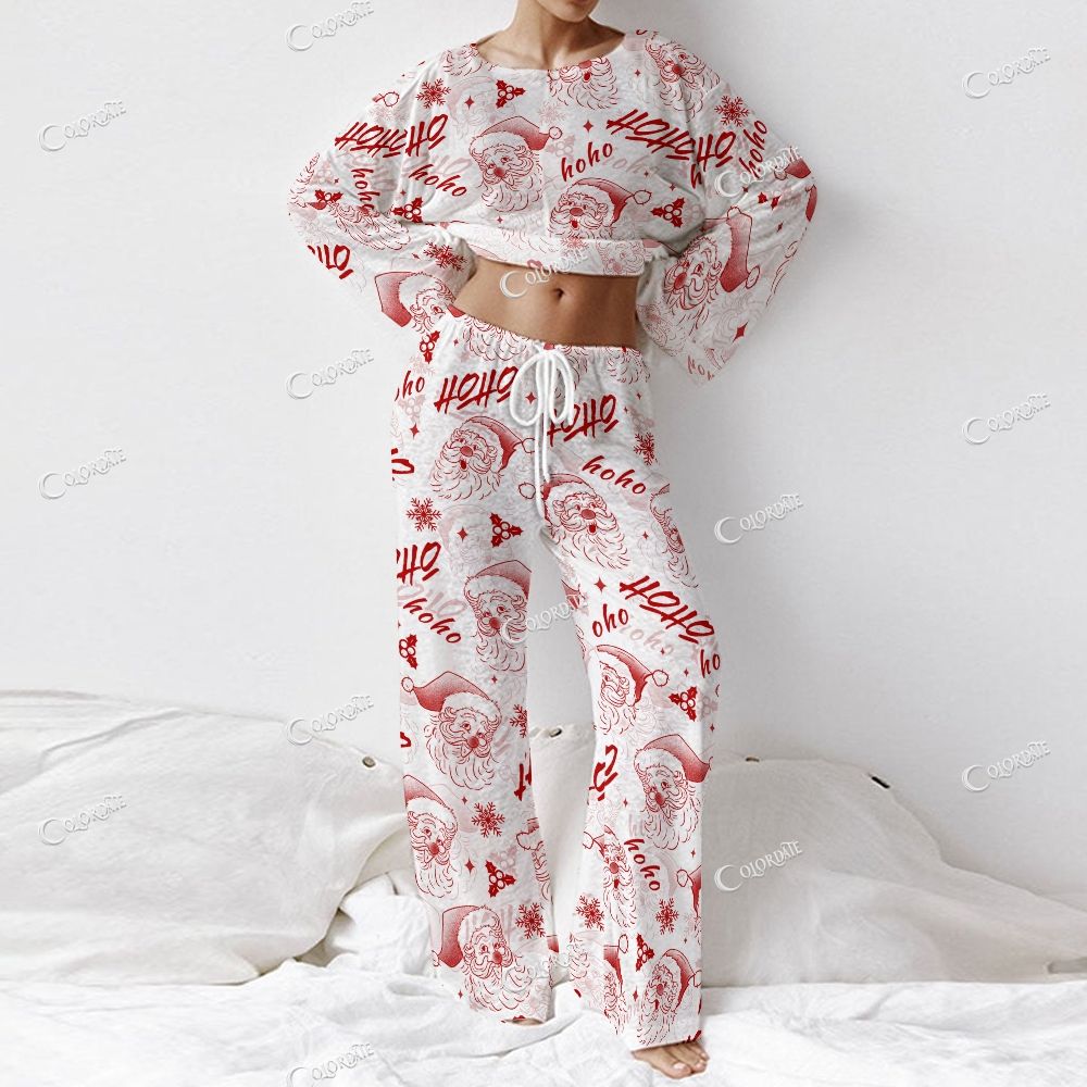 Colordate Women's Santa Claus Print Long Sleeve Cotton Homewear Set