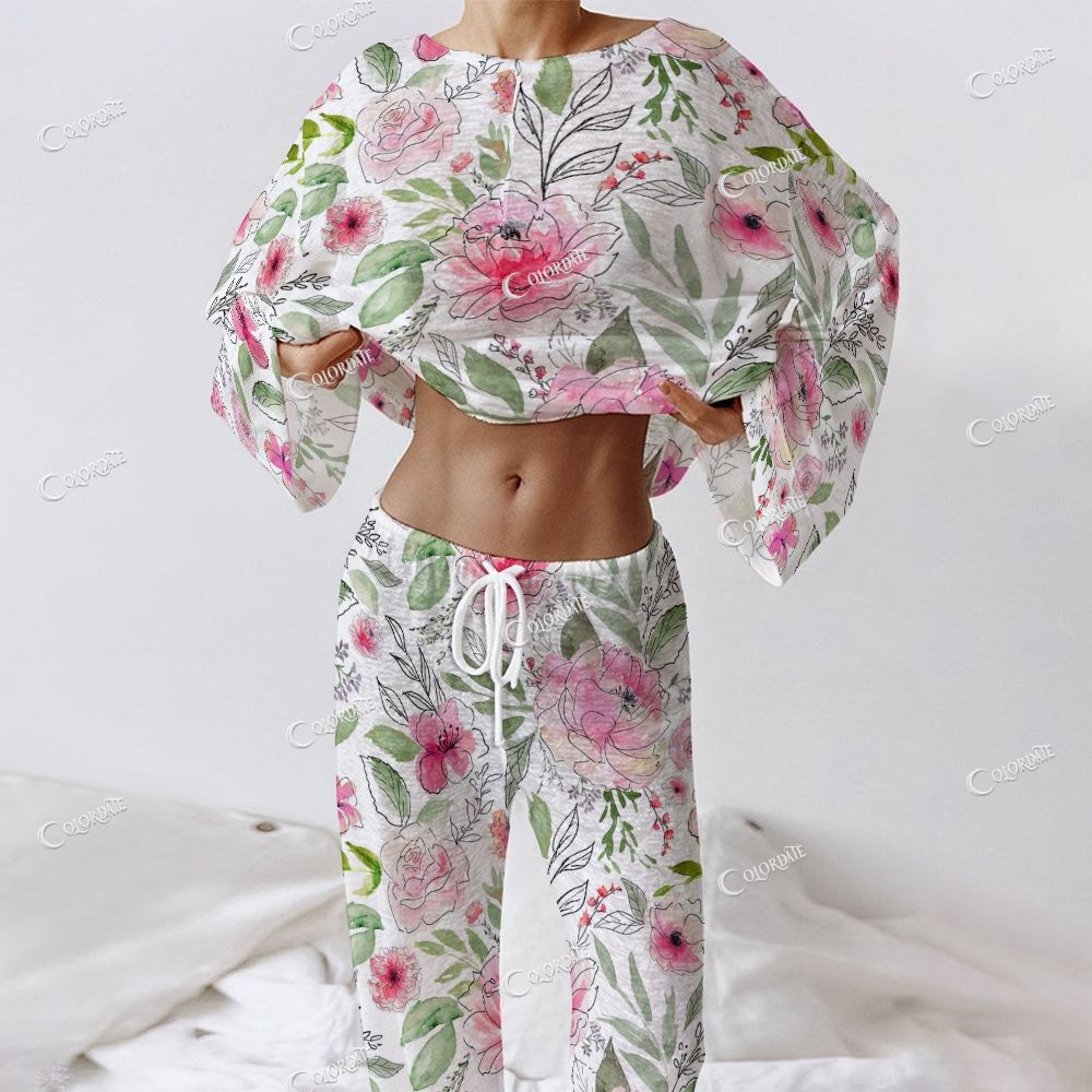 Colordate Women's Flower Print Long Sleeve Cotton Homewear Set