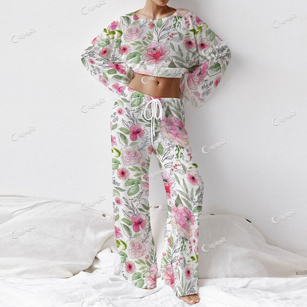 Colordate Women's Flower Print Long Sleeve Cotton Homewear Set