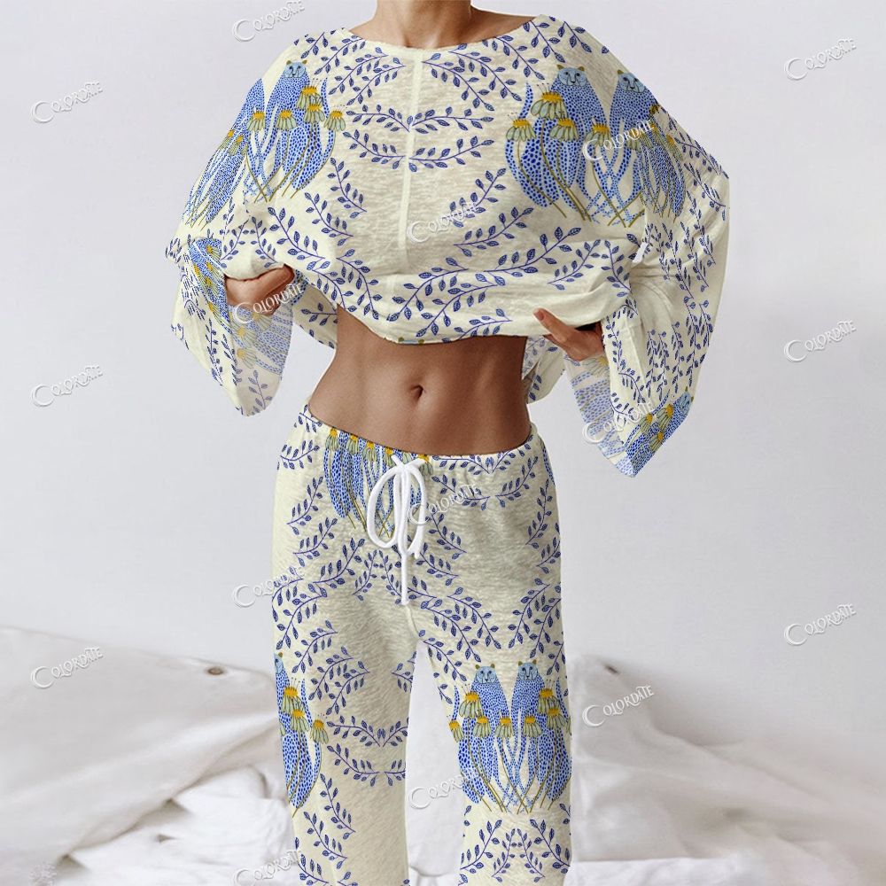 Colordate Women's Blue Leopard Print Long Sleeve Cotton Homewear Set