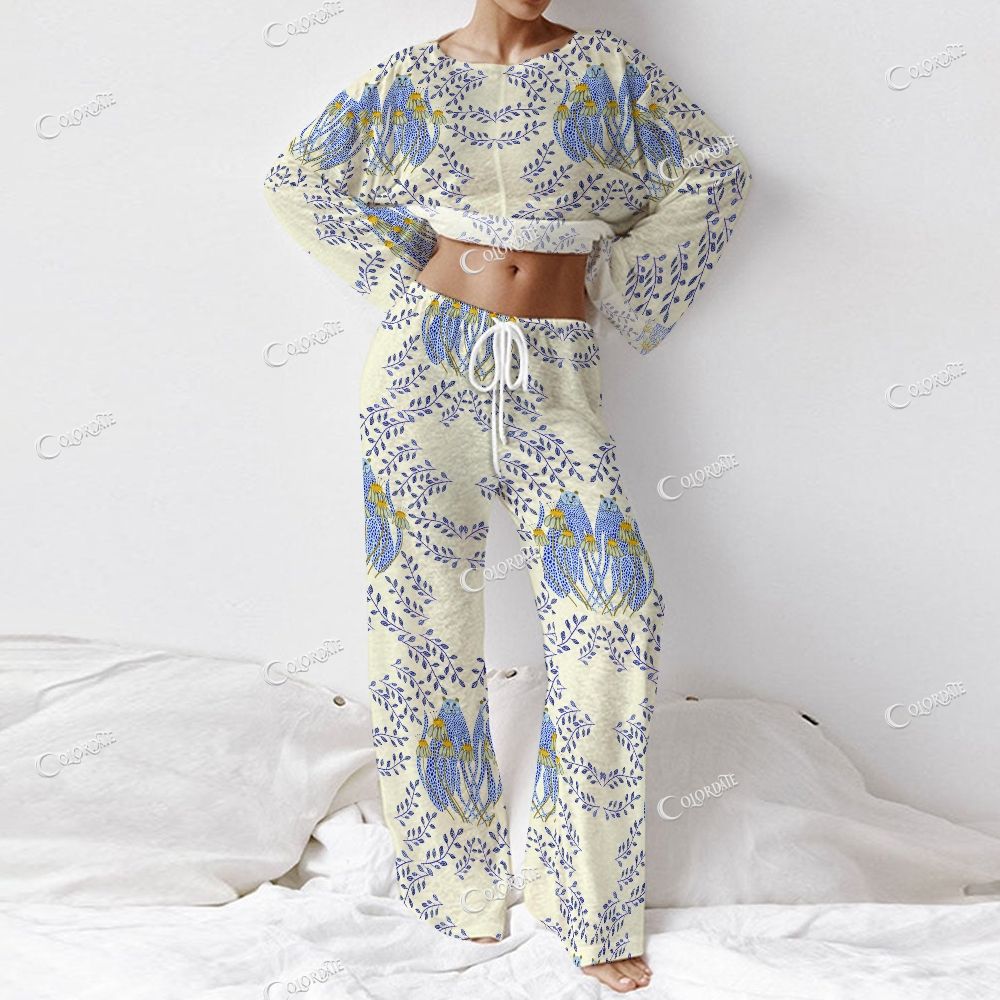 Colordate Women's Blue Leopard Print Long Sleeve Cotton Homewear Set