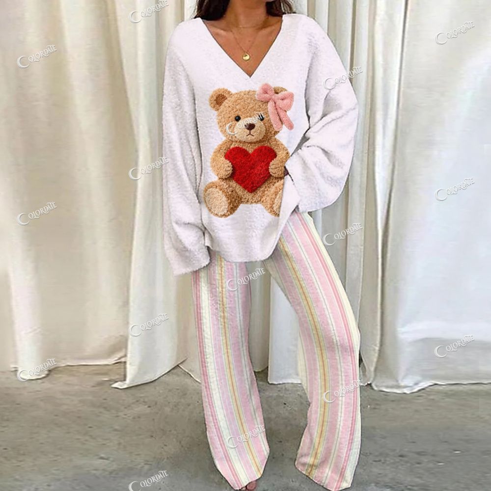 Colordate Cute Bear Print Loungewear Set For Women