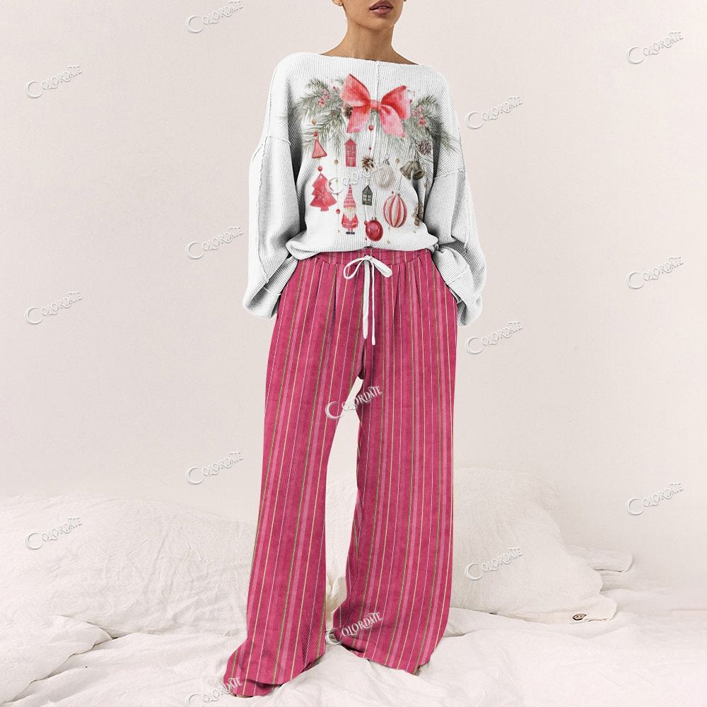 Colordate Women's Christmas Patterns Print Long Sleeve Pajama Set