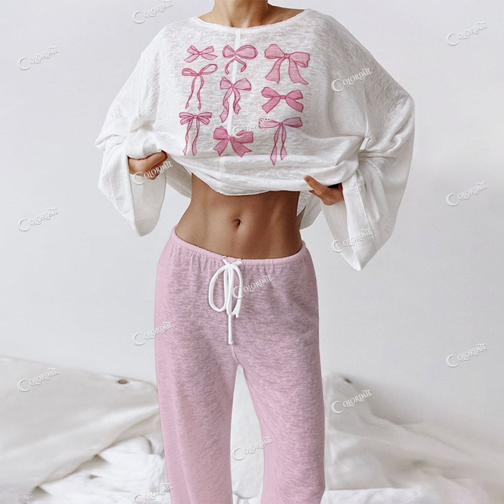 Women's Pink Bow Long Sleeve Cotton Homewear Set