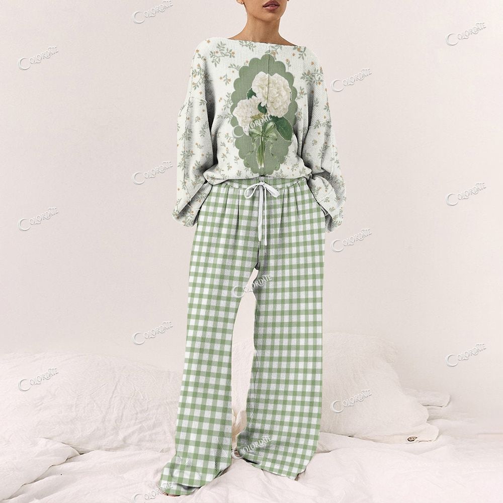 Colordate Women's Flower Print Long Sleeve Pajama Set