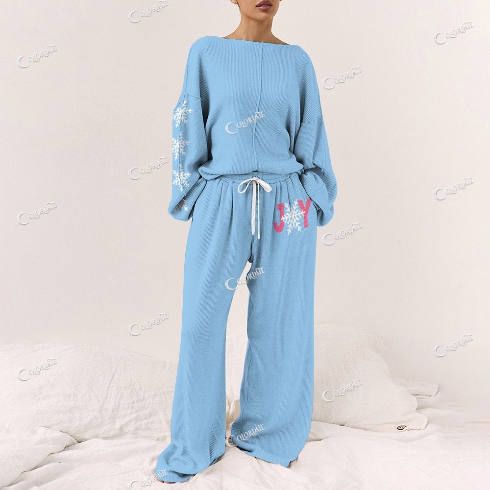 Colordate Women's Snowflake Print Long Sleeve Pajama Set