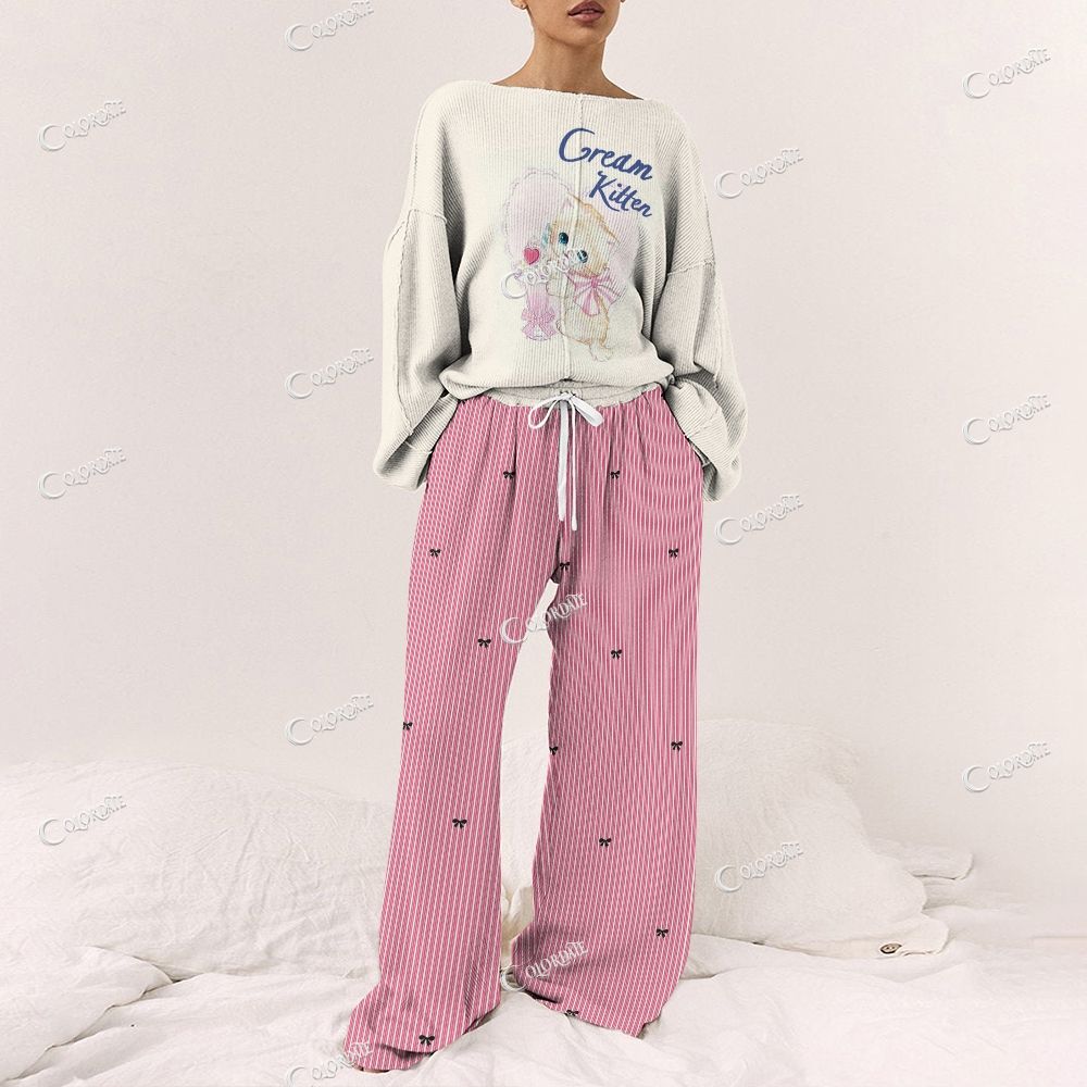 Colordate Women's Cute Cat Print Long Sleeve Pajama Set