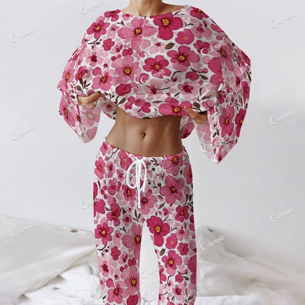 Colordate Women's Pink Flower Print Long Sleeve Cotton Homewear Set