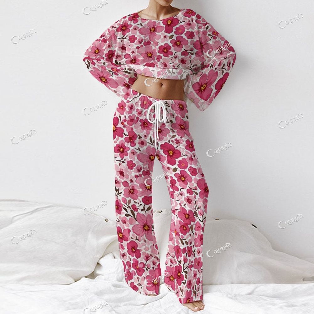 Colordate Women's Pink Flower Print Long Sleeve Cotton Homewear Set