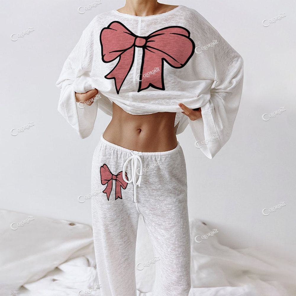 Colordate Women's Bow Print Long Sleeve Cotton Homewear Set