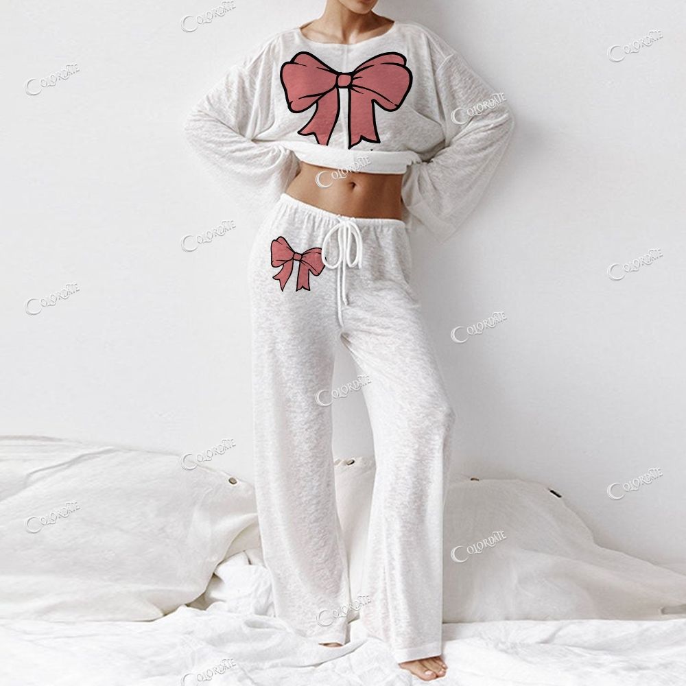 Colordate Women's Bow Print Long Sleeve Cotton Homewear Set