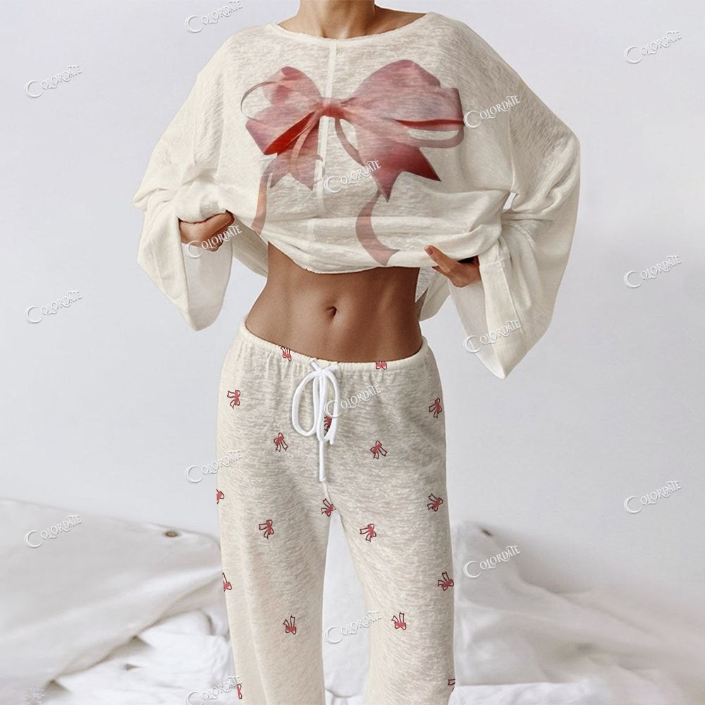 Colordate Women's Pink Bow Print Long Sleeve Cotton Homewear Set