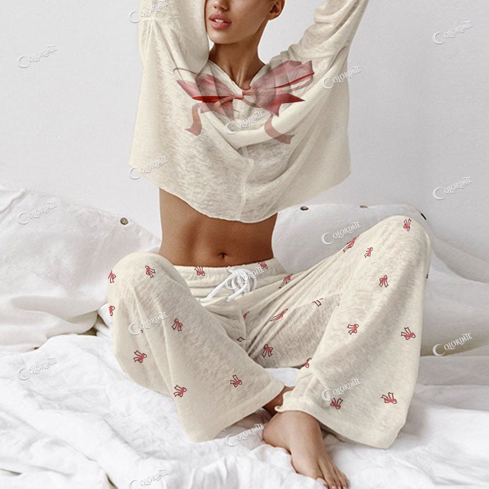 Colordate Women's Pink Bow Print Long Sleeve Cotton Homewear Set