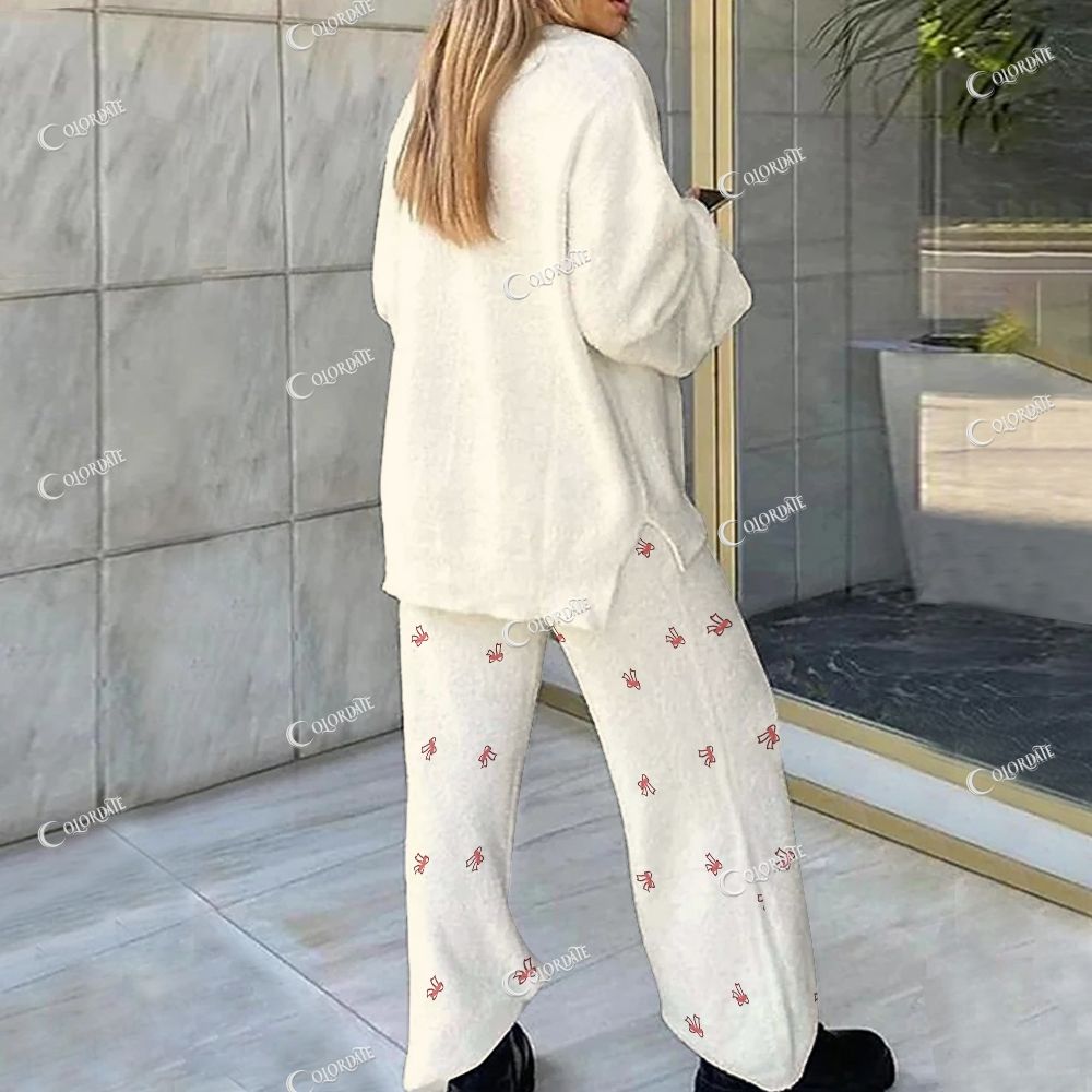 Colordate Pink Bow Print Loungewear Set For Women