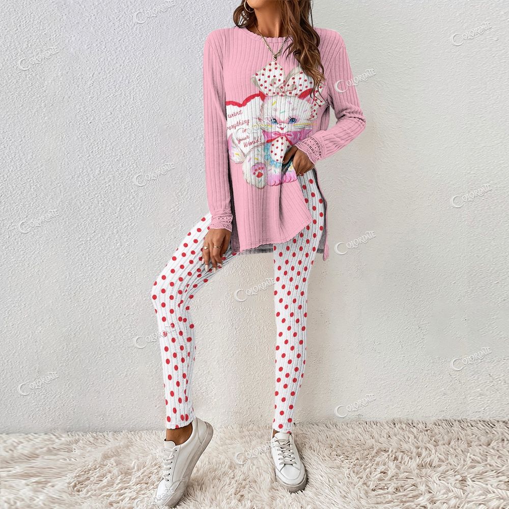 Colordate Women's Cute Cat Print Long Sleeve Suit