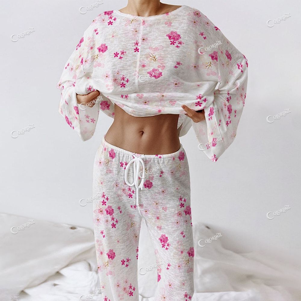 Colordate Women's Pink Flower Print Long Sleeve Cotton Homewear Set