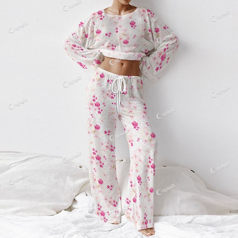 Colordate Women's Pink Flower Print Long Sleeve Cotton Homewear Set