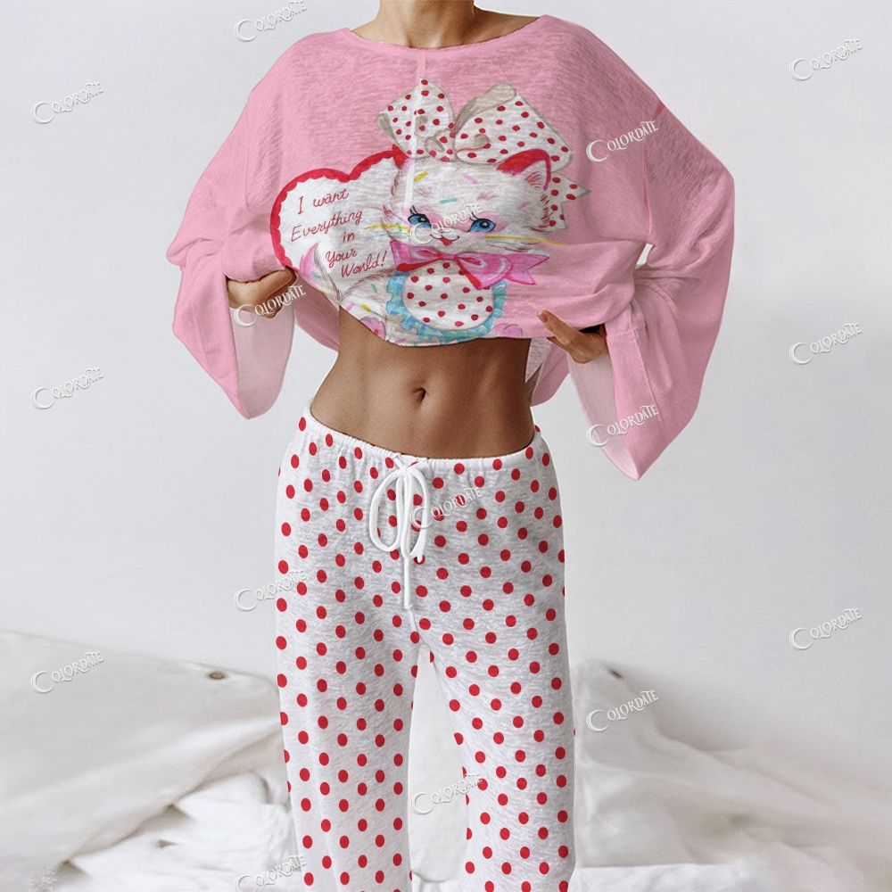 Colordate Women's Cute Cat Print Long Sleeve Cotton Homewear Set