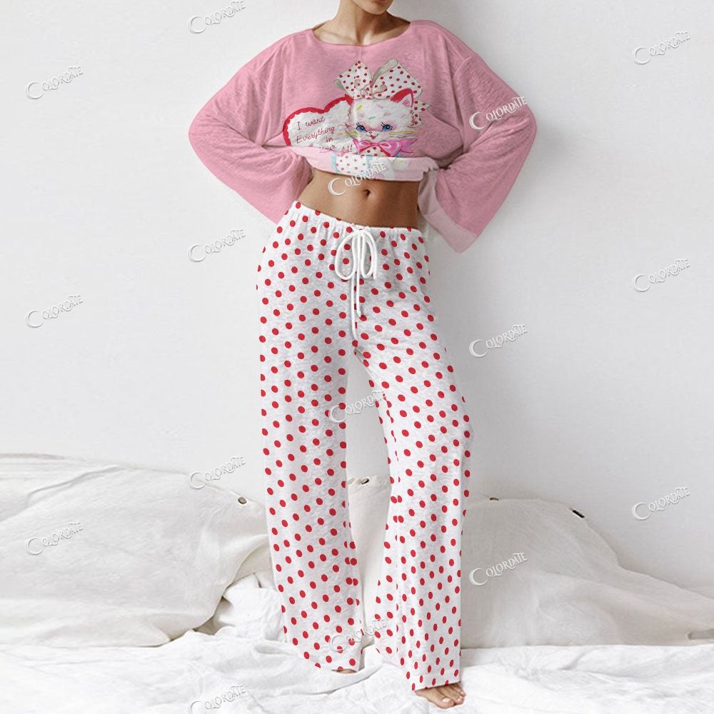 Colordate Women's Cute Cat Print Long Sleeve Cotton Homewear Set