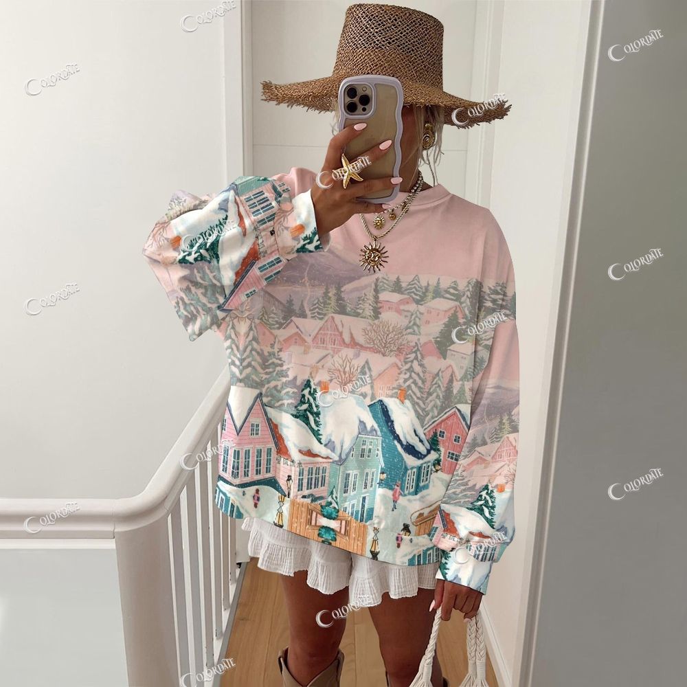 Colordate Women's Snow Scene Print Casual Crew Neck Sweatshirt