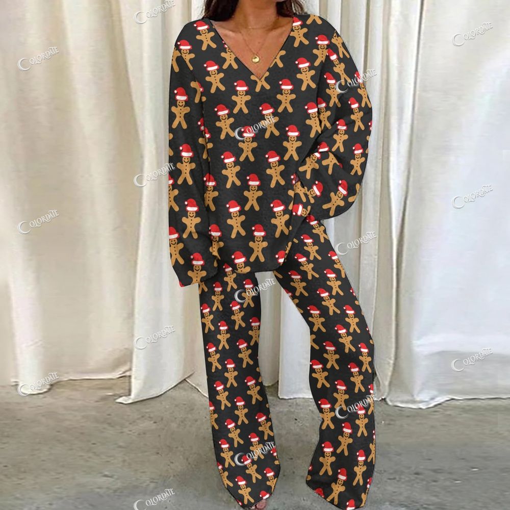 Colordate Gingerbread Man Print Loungewear Set For Women