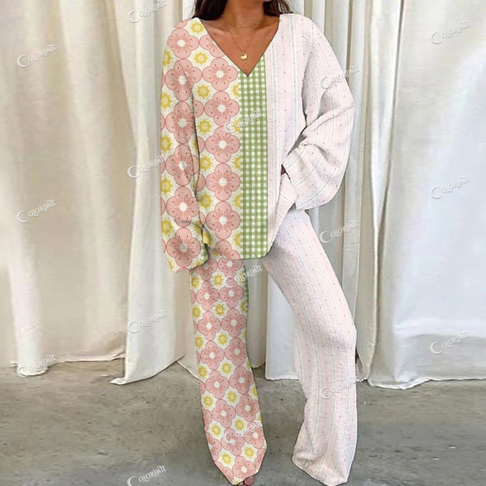 Colordate Floral Patchwork Print Loungewear Set For Women