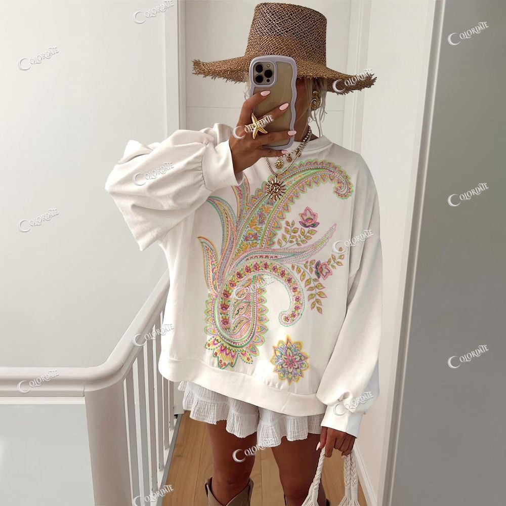 Women's Floral Square Pattern Casual Crew Neck Sweatshirt