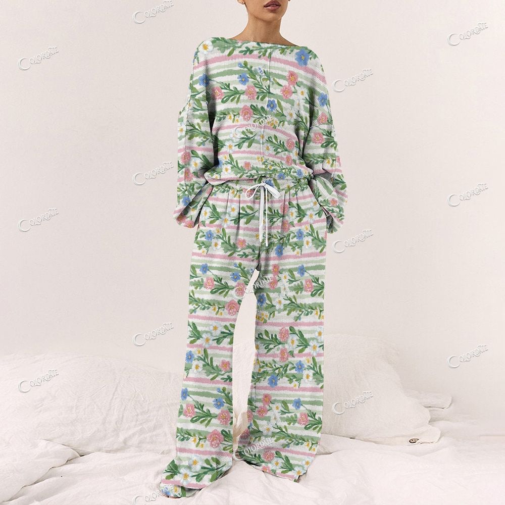 Colordate Women's Flower Print Long Sleeve Pajama Set
