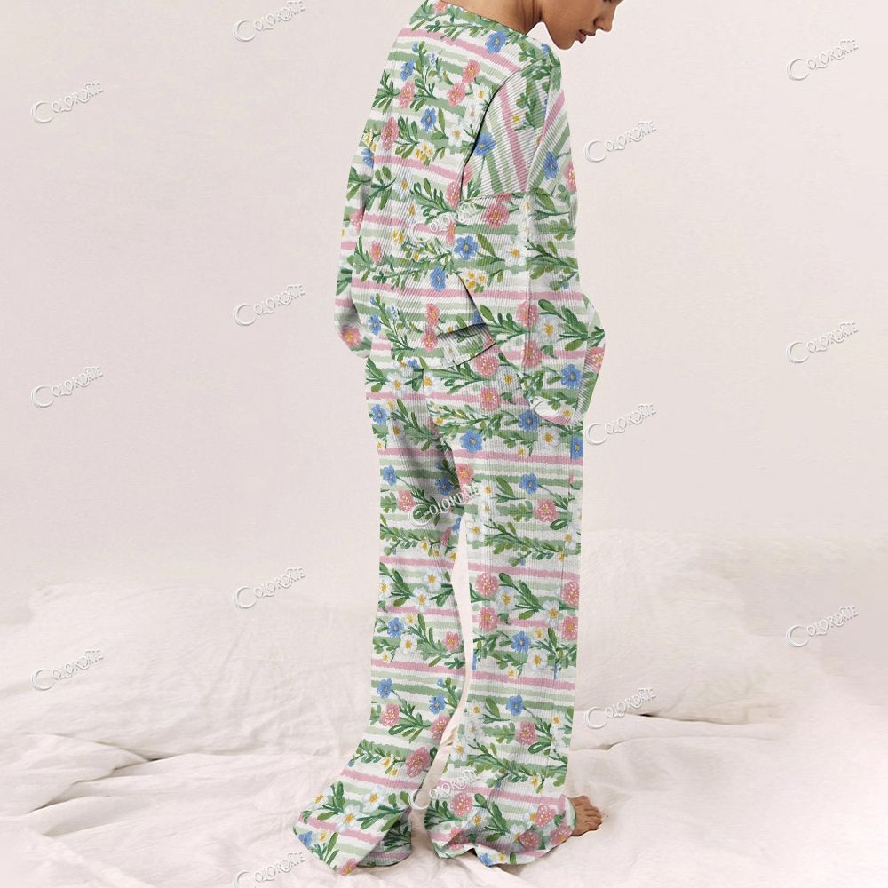 Colordate Women's Flower Print Long Sleeve Pajama Set