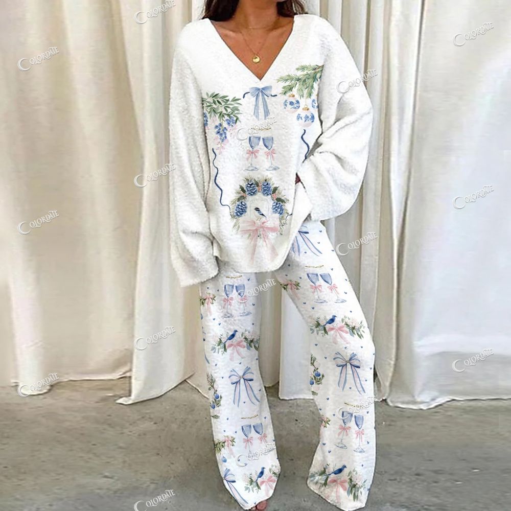 Colordate Watercolor Christmas Pattern Print Loungewear Set For Women