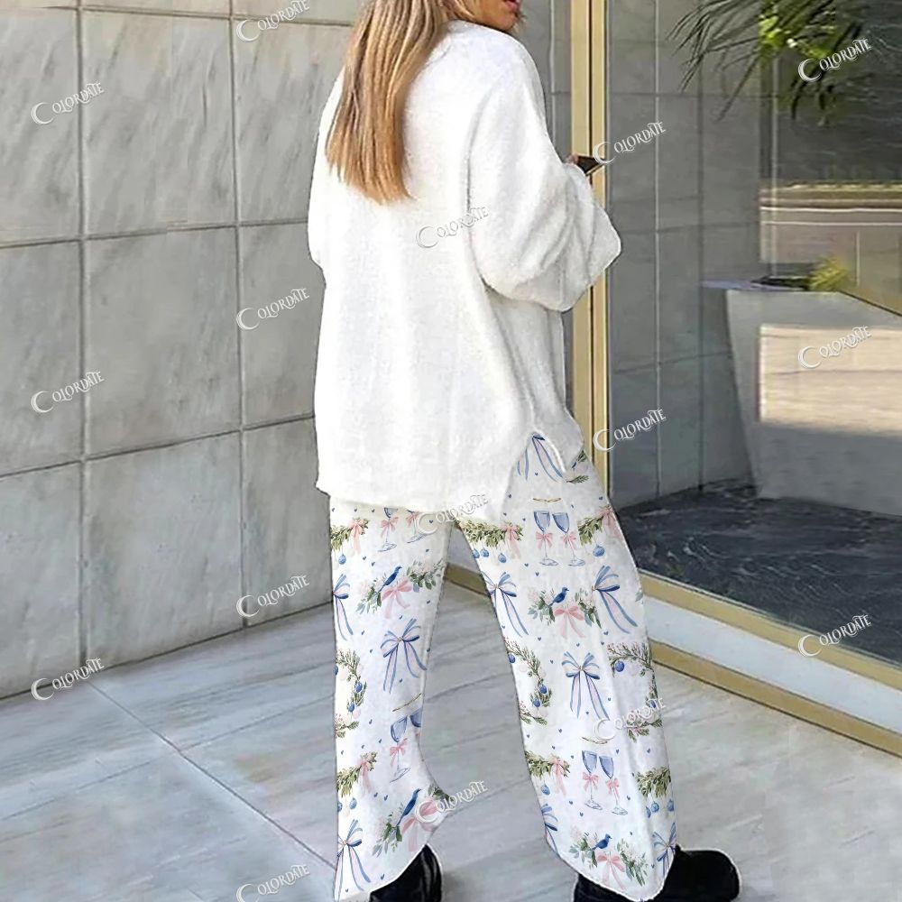 Colordate Watercolor Christmas Pattern Print Loungewear Set For Women
