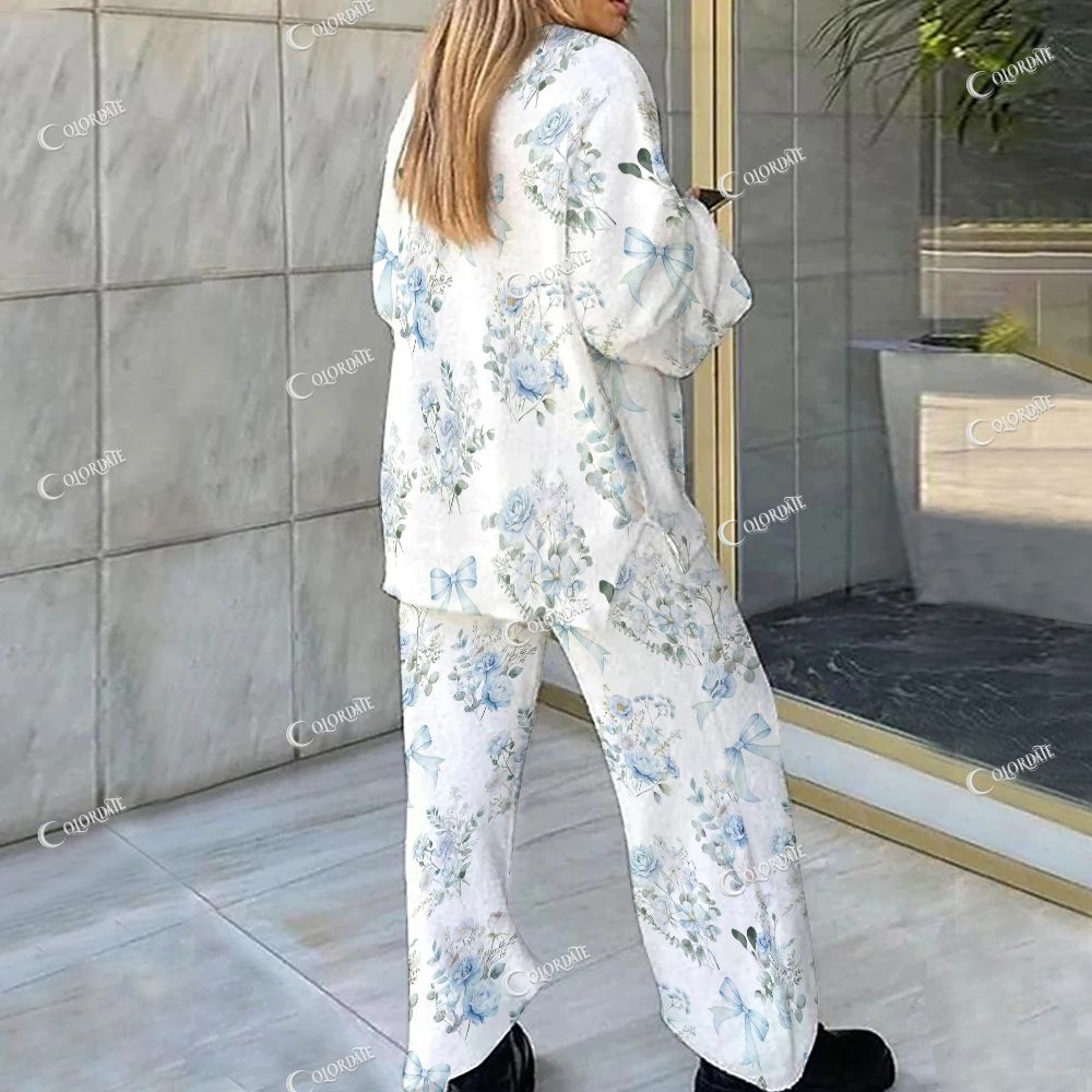 Colordate Bow And Flower Print Loungewear Set For Women