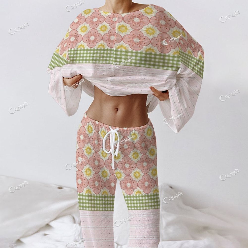 Colordate Women's Floral Patchwork Print Long Sleeve Cotton Homewear Set