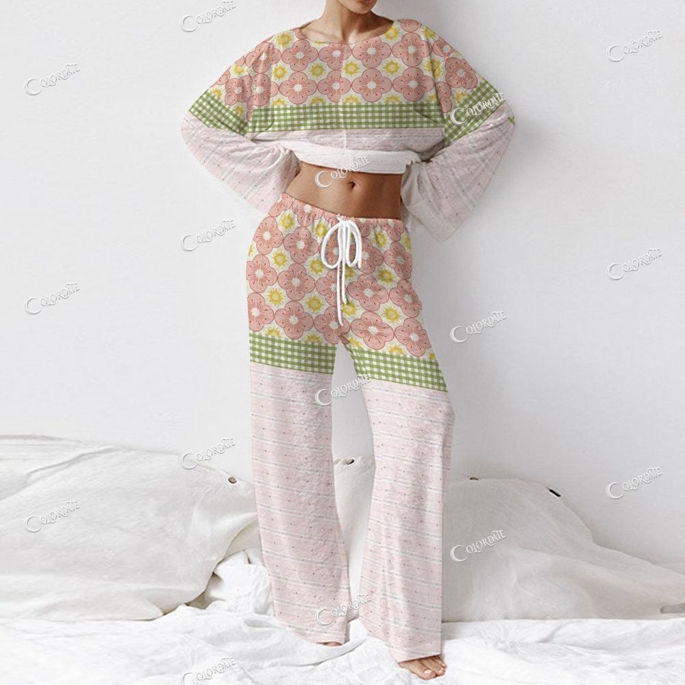 Colordate Women's Floral Patchwork Print Long Sleeve Cotton Homewear Set