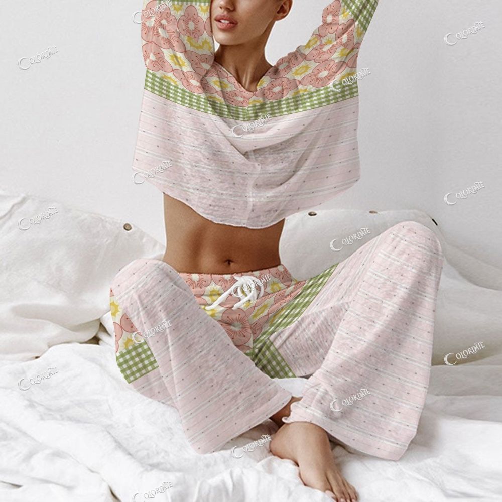 Colordate Women's Floral Patchwork Print Long Sleeve Cotton Homewear Set