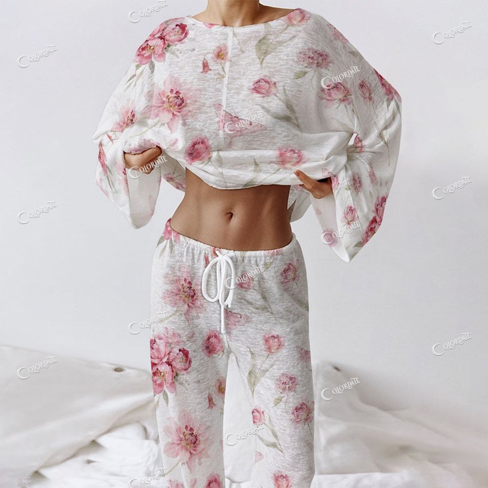 Colordate Women's Bows And Floral Prints Long Sleeve Cotton Homewear Set