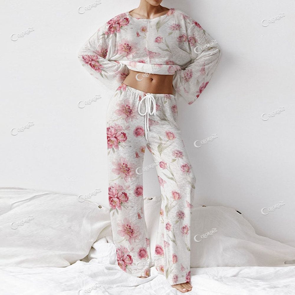 Colordate Women's Bows And Floral Prints Long Sleeve Cotton Homewear Set