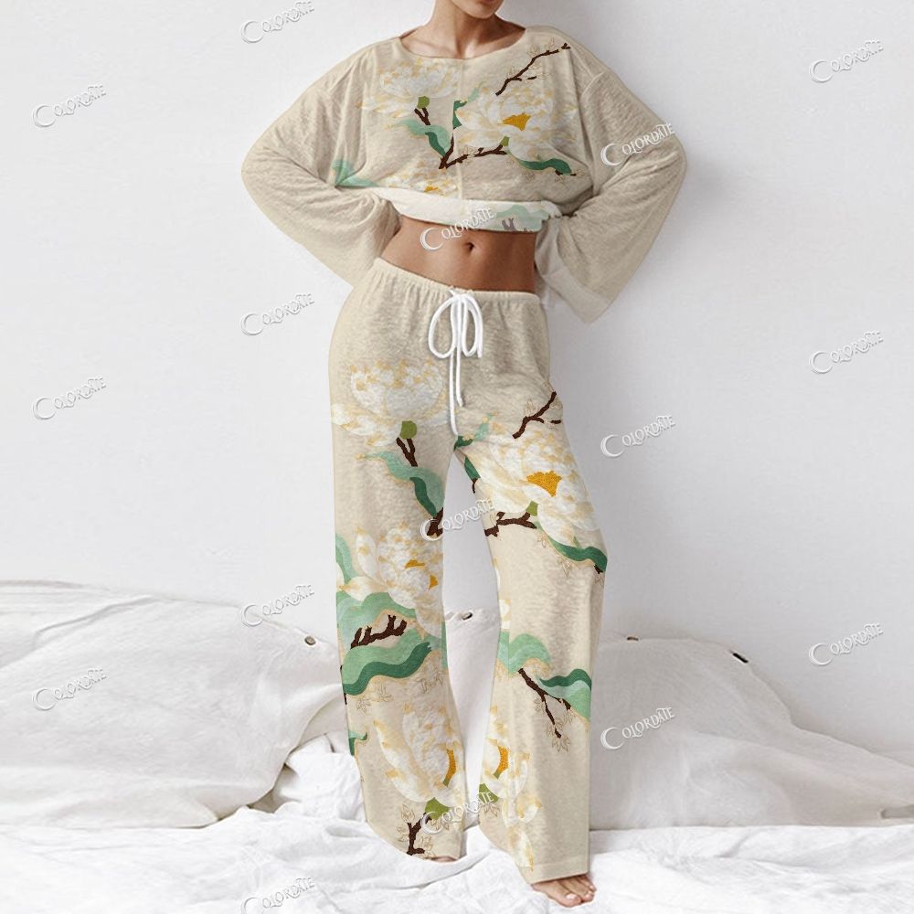 Colordate Women's Lotus Print Long Sleeve Cotton Homewear Set