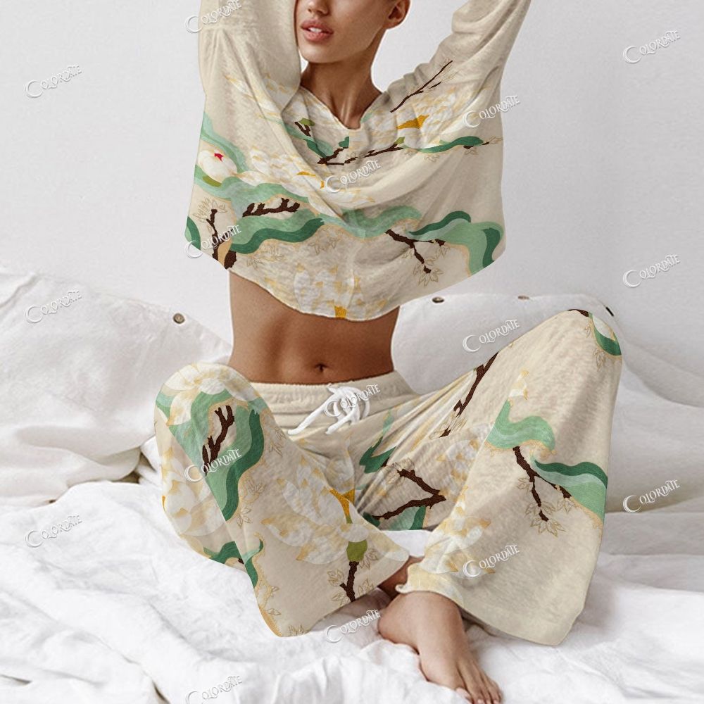 Colordate Women's Lotus Print Long Sleeve Cotton Homewear Set