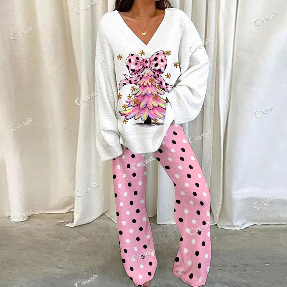 Colordate Pink Christmas Tree Print Loungewear Set For Women