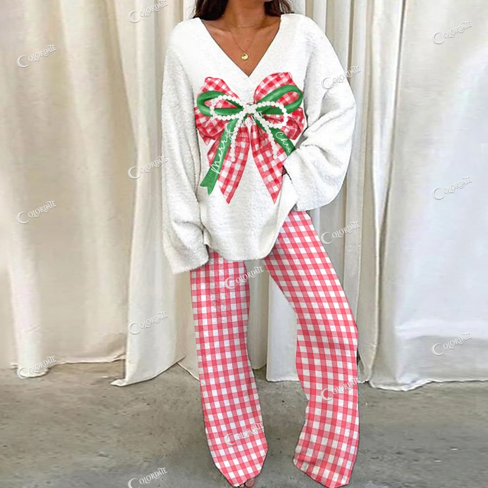 Colordate Checkered Bow Print Loungewear Set For Women