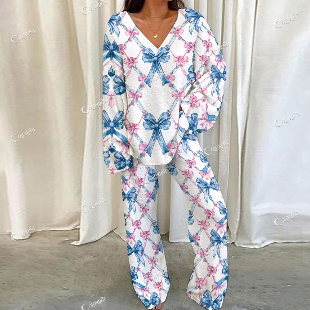 Colordate Bow Print Loungewear Set For Women
