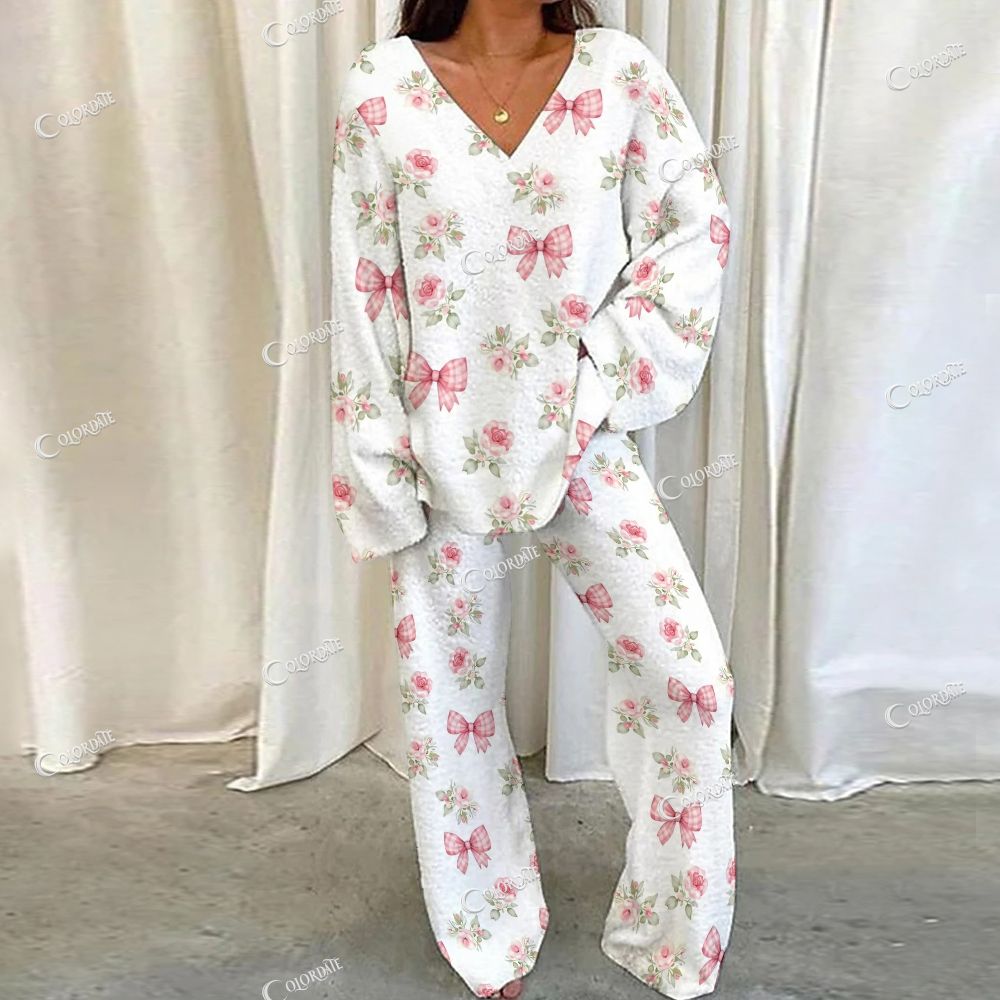 Colordate Flower And Bow Print Loungewear Set For Women